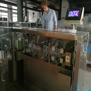 Cliente do Brasil, verificando a garrafa plástica, formando, enchendo e selando a máquina em nossa fábrica